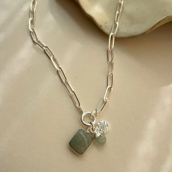 Aquamarine Gem Slice Triple Chunky Chain Necklace | Serenity (Silver)