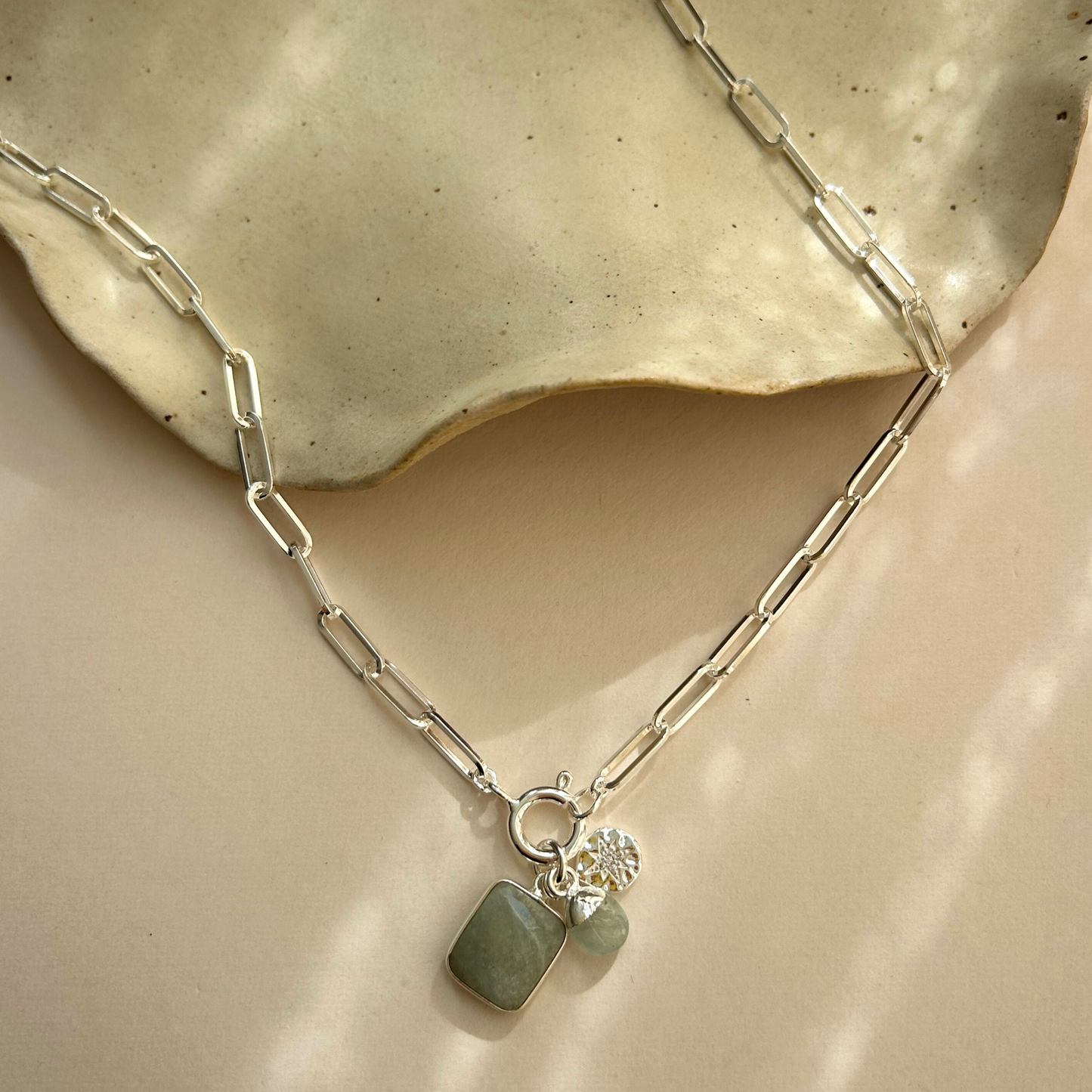 Aquamarine Gem Slice Triple Chunky Chain Necklace | Serenity (Silver)