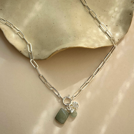 Aquamarine Gem Slice Triple Chunky Chain Necklace | Serenity (Silver)