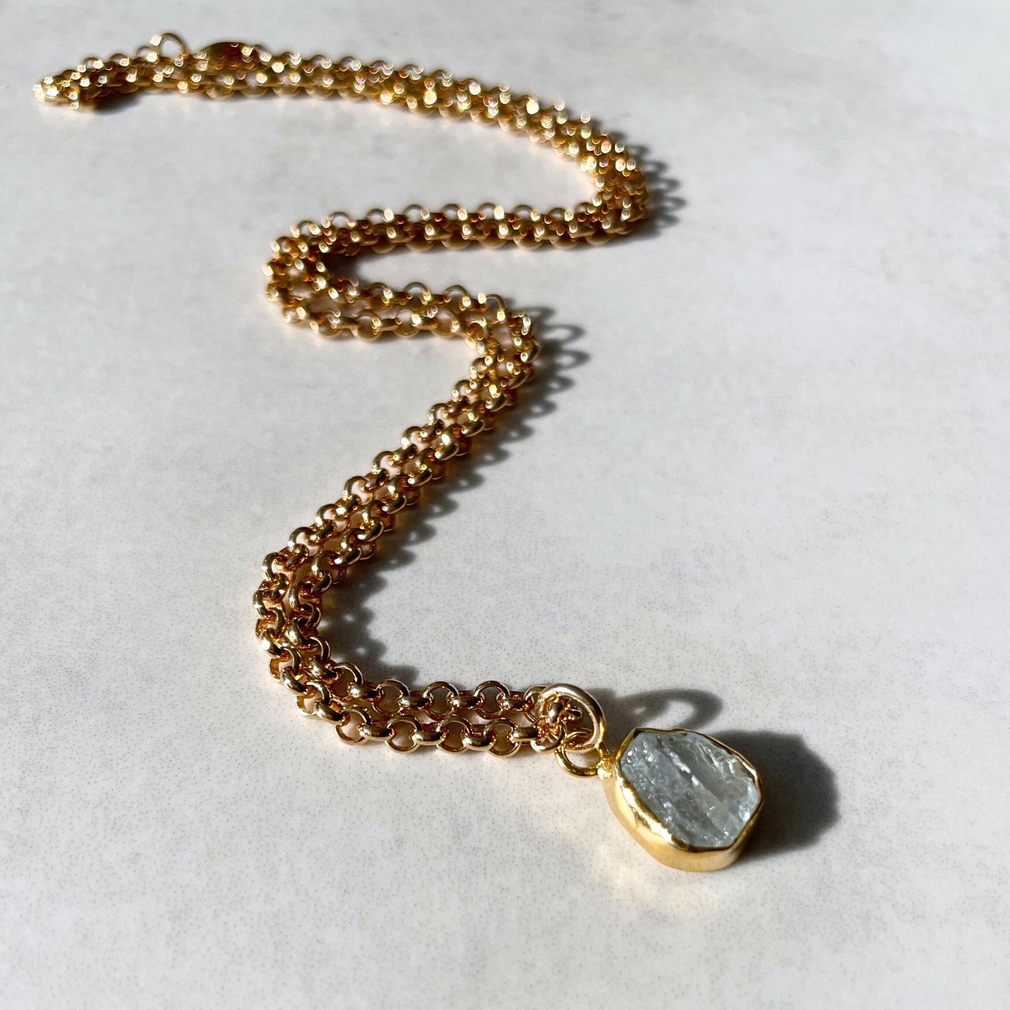 Aquamarine Carved Belcher Chain Necklace | Serenity (Gold Plated)