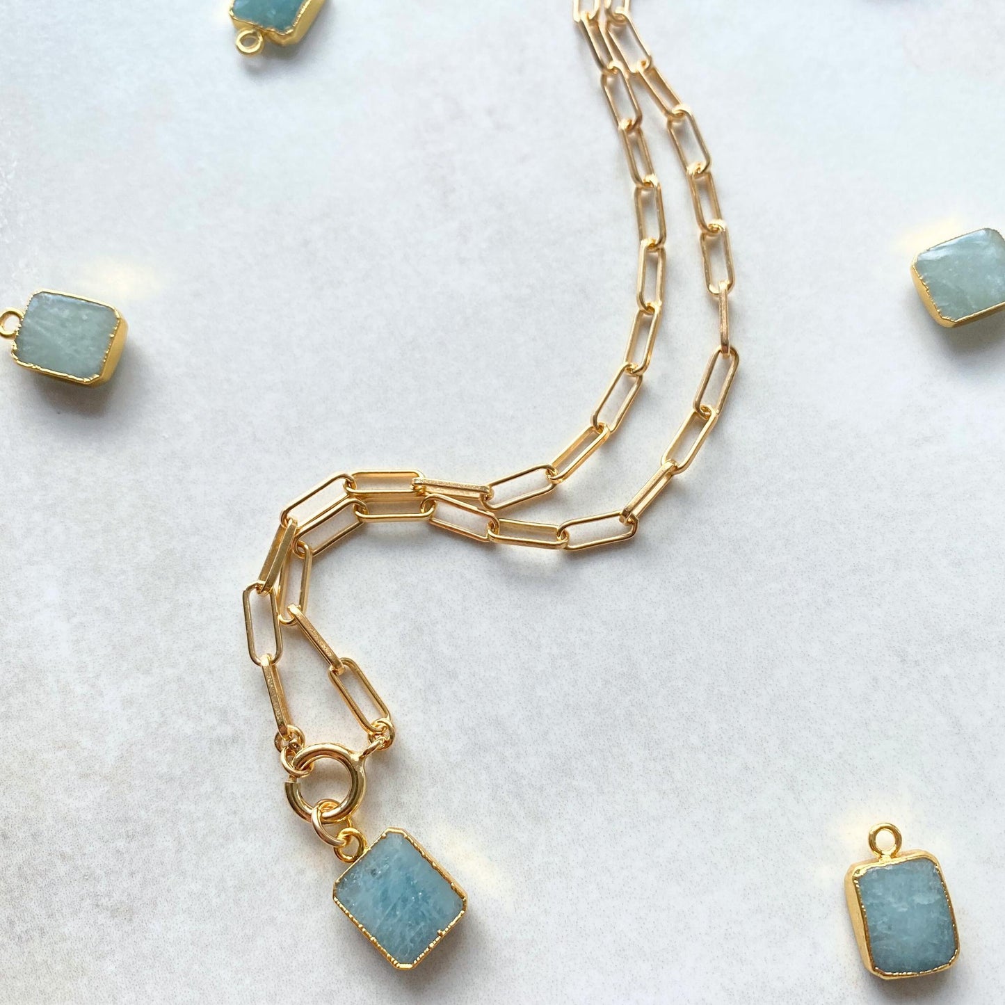 Aquamarine Gem Slice Chunky Chain Necklace | Serenity (Gold Plated)