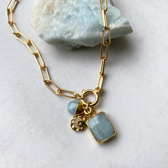 Aquamarine Gem Slice Triple Chunky Chain Necklace | Serenity (Gold Plated)