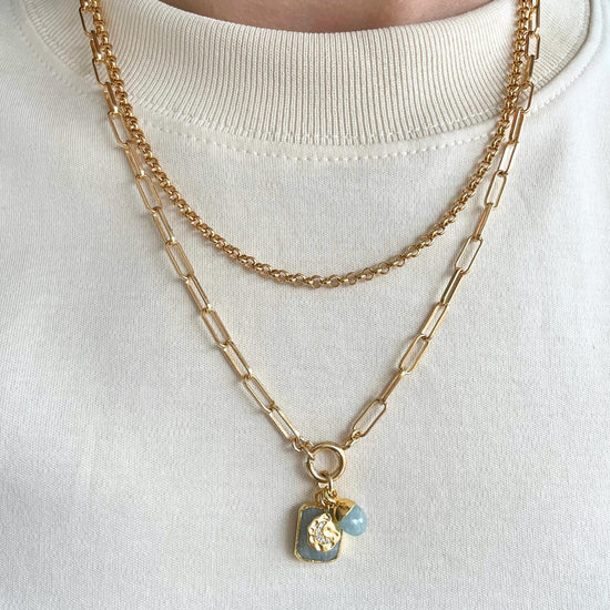 Aquamarine Gem Slice Triple Chunky Chain Necklace | Serenity (Gold Plated)