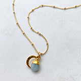 Aquamarine Tumbled & Moon Necklace | Serenity (Gold Plated)