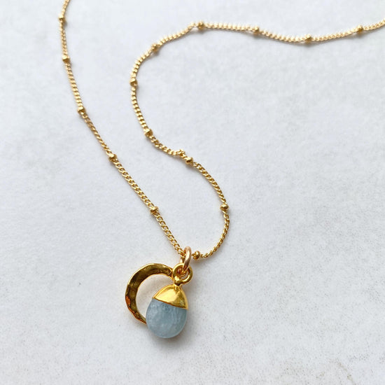 Aquamarine & Moon Necklace | Serenity (Gold Plated)
