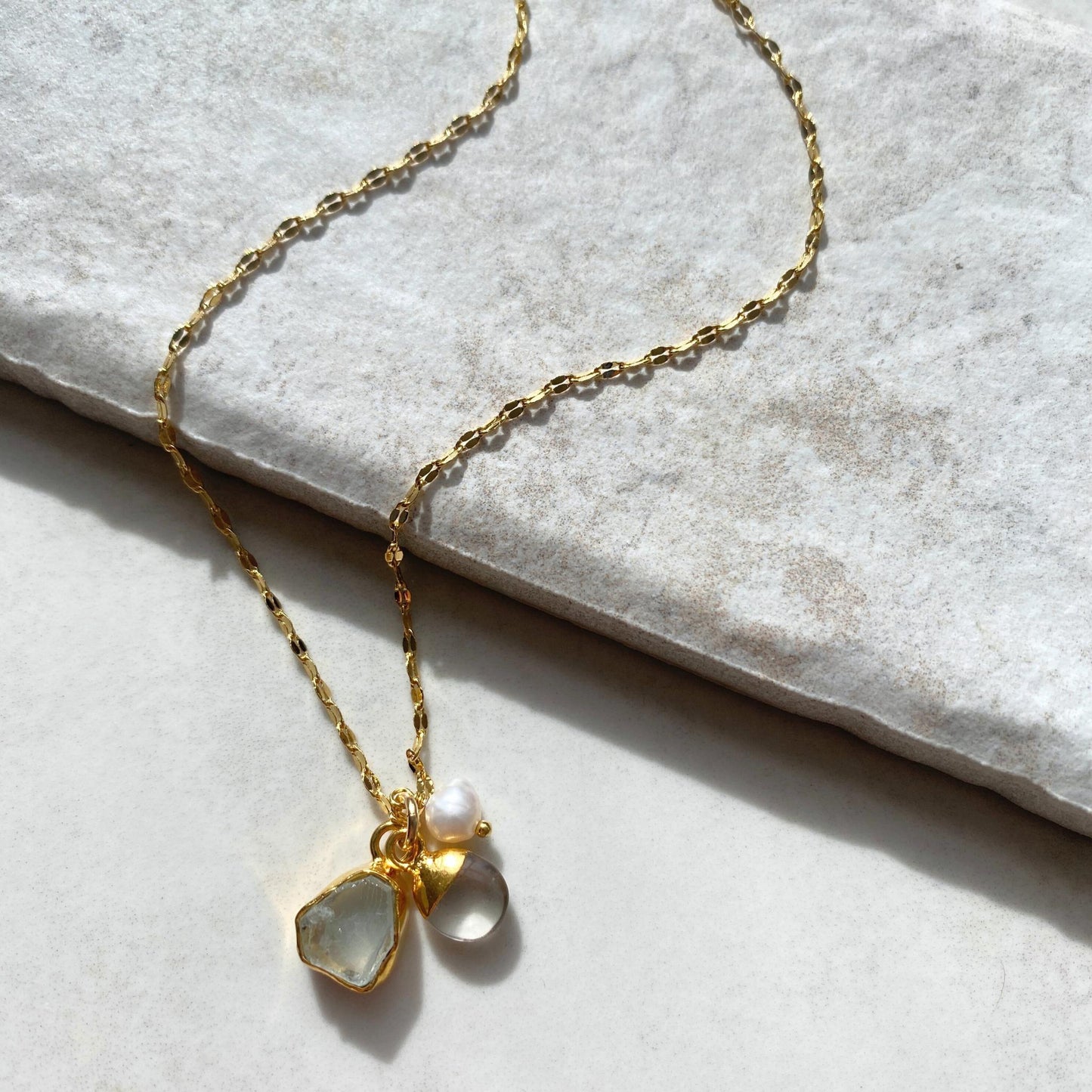 Aquamarine Carved Triple Necklace | Serenity, Healing, Calm (Gold Plated or Silver)