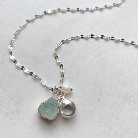 Aquamarine Carved Triple Necklace | Serenity, Healing, Calm (Sterling Silver)