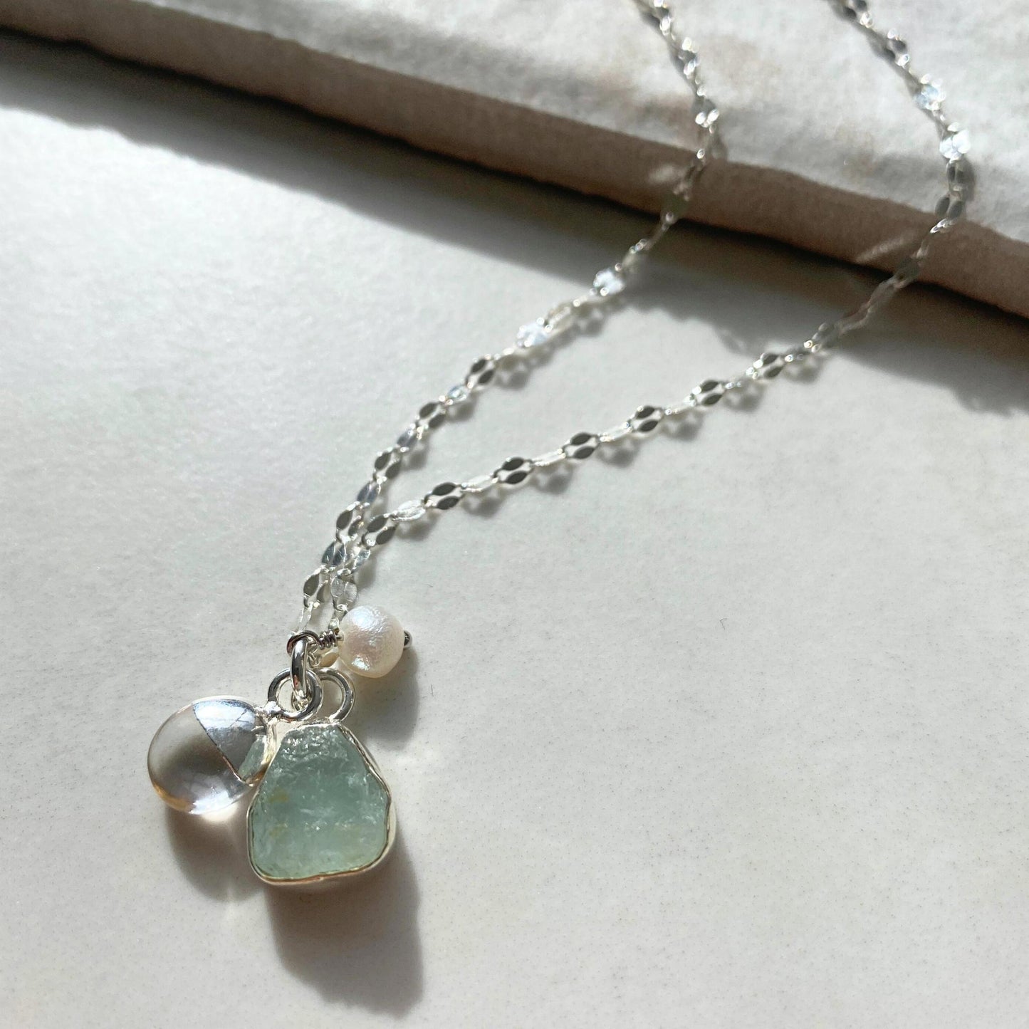 Aquamarine Carved Triple Necklace | Serenity, Healing, Calm (Silver)