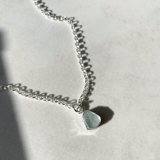 Aquamarine Carved Belcher Chain Necklace | Serenity (Sterling Silver)