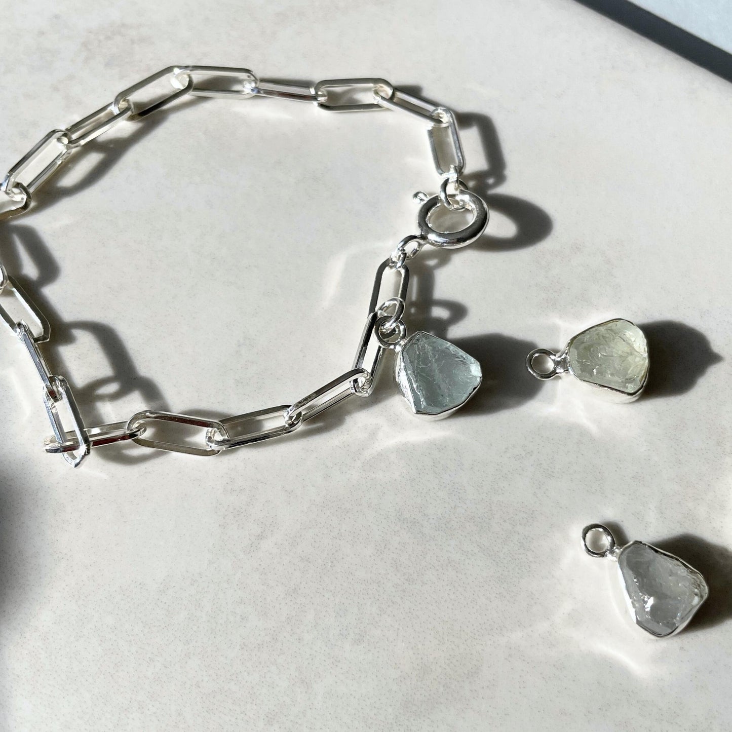 Aquamarine Carved Chunky Chain Bracelet | Serenity (Sterling Silver)