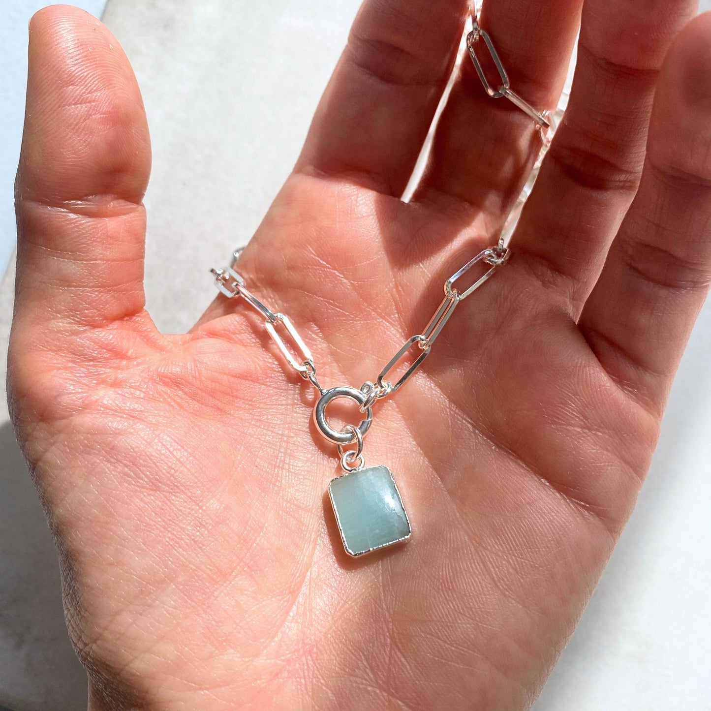 Aquamarine Gem Slice Chunky Chain Necklace | Serenity (Silver)