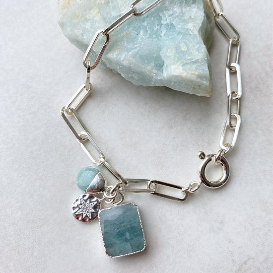 Aquamarine Gem Slice Triple Chunky Chain Bracelet | Serenity (Sterling Silver)