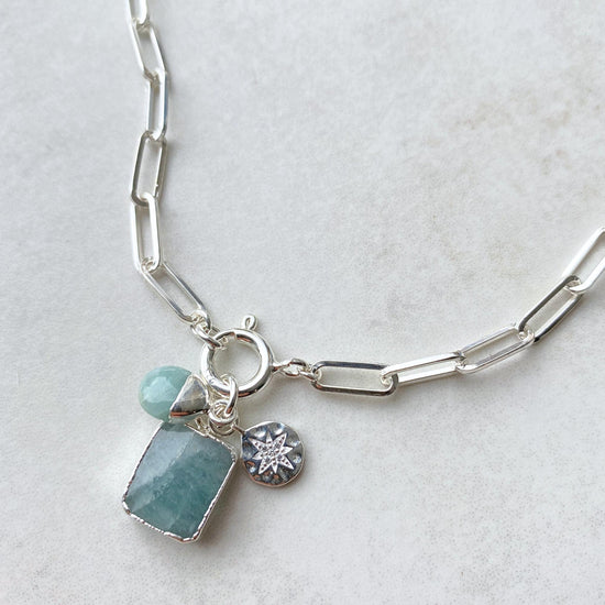 Aquamarine Gem Slice Triple Chunky Chain Necklace | Serenity (Sterling Silver)