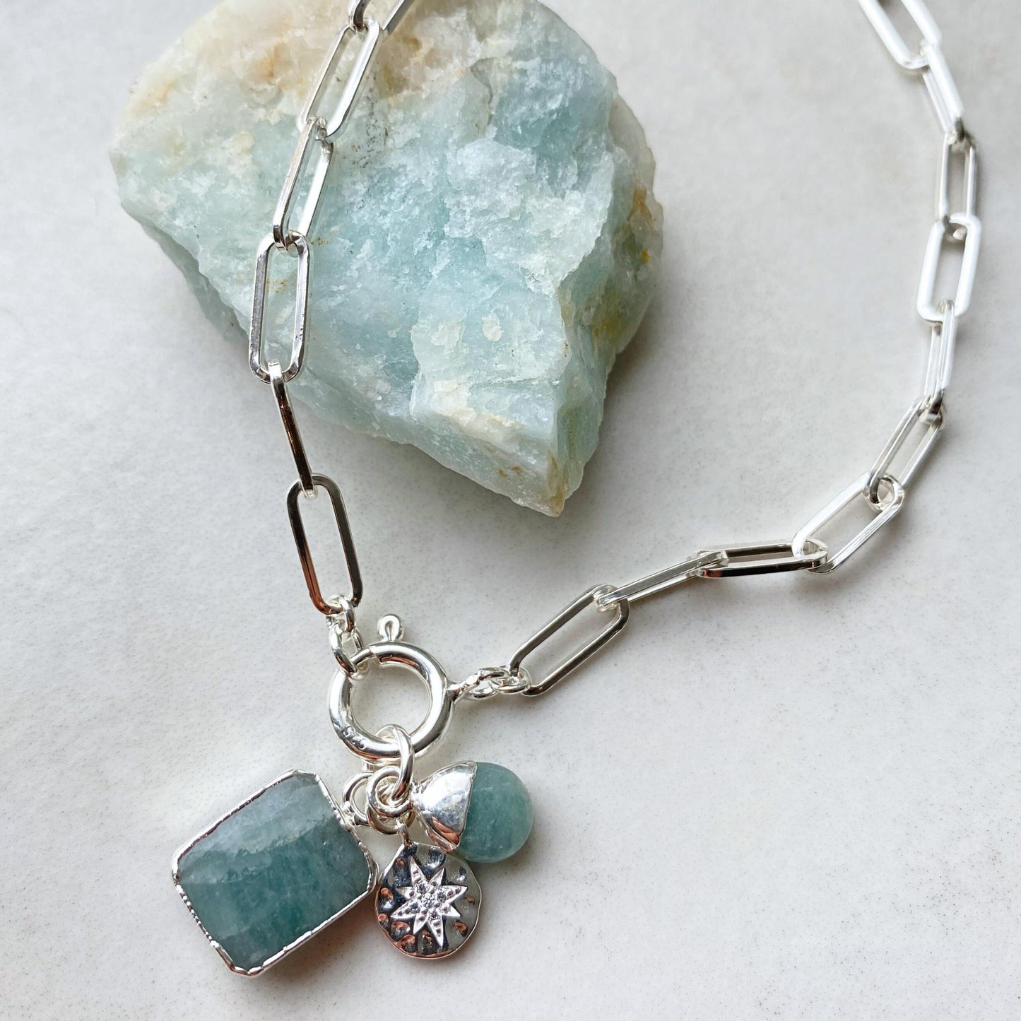 Aquamarine Gem Slice Triple Chunky Chain Necklace | Serenity (Sterling Silver)