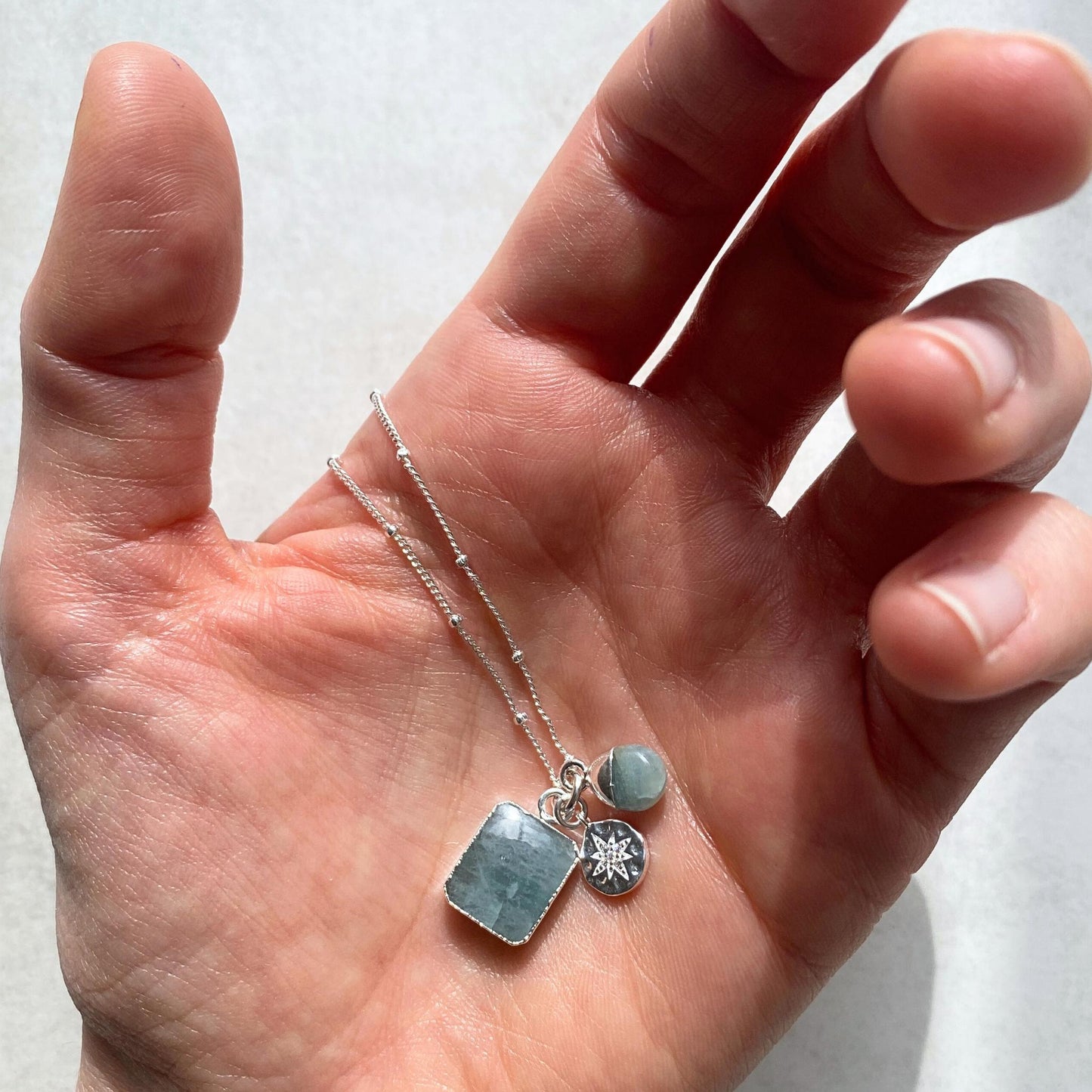 Aquamarine Gem Slice Triple Necklace | Serenity (Silver)