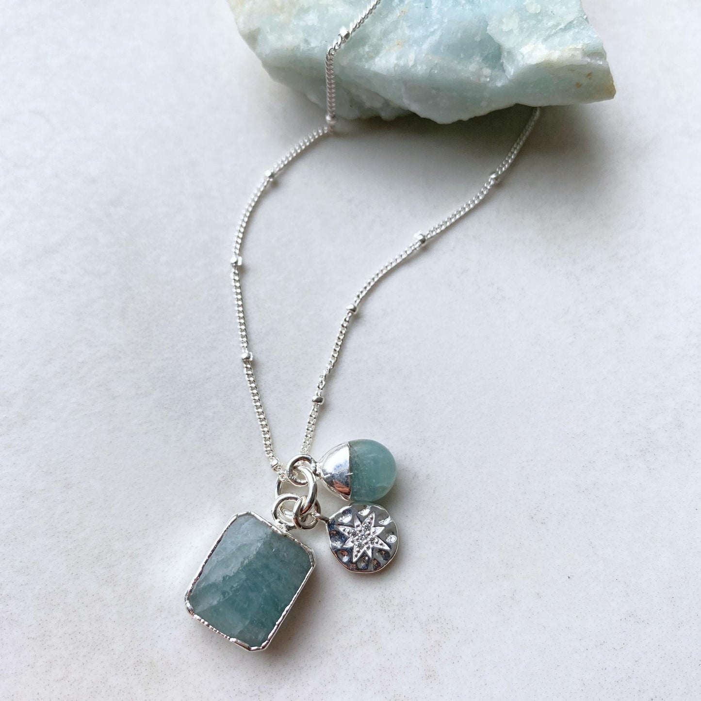 Aquamarine Gem Slice Triple Necklace | Serenity (Silver)