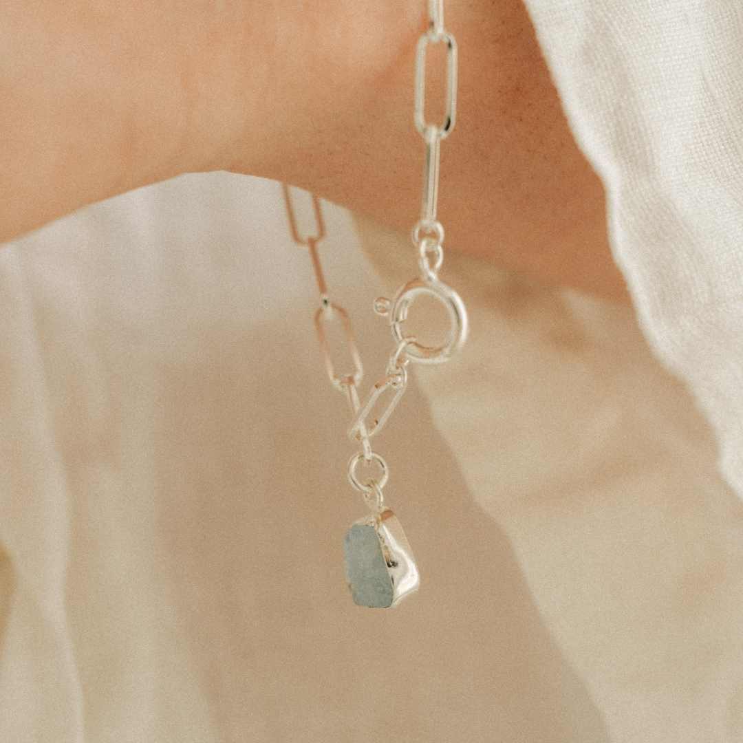 Aquamarine Carved Chunky Chain Bracelet | Serenity (Sterling Silver)
