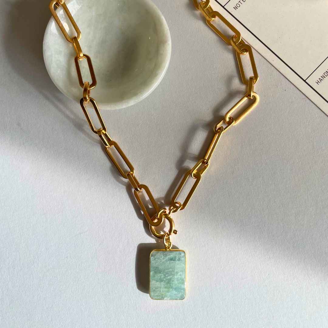 Aquamarine Large Gem Slice Statement Chunky Chain Necklace | Serenity (Gold Plated)