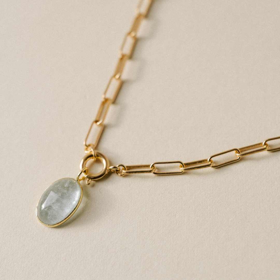 Aquamarine Dome Pendant Necklace | Serenity (Gold Plated)