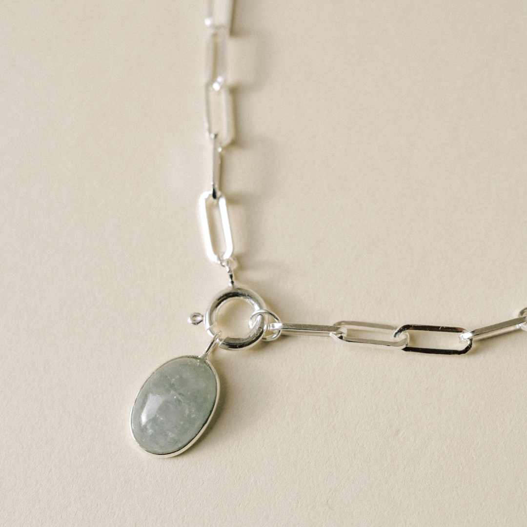 Aquamarine Dome Pendant Necklace | Serenity (Silver)