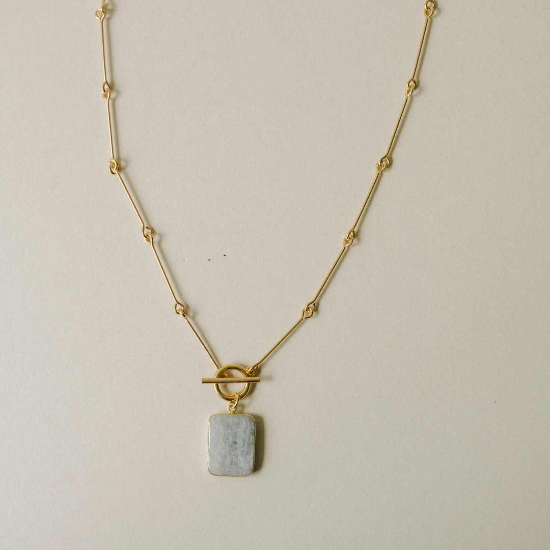 Aquamarine Large Gem Slice Bone Chain Necklace (Gold) - PRE ORDER for end April Delivery