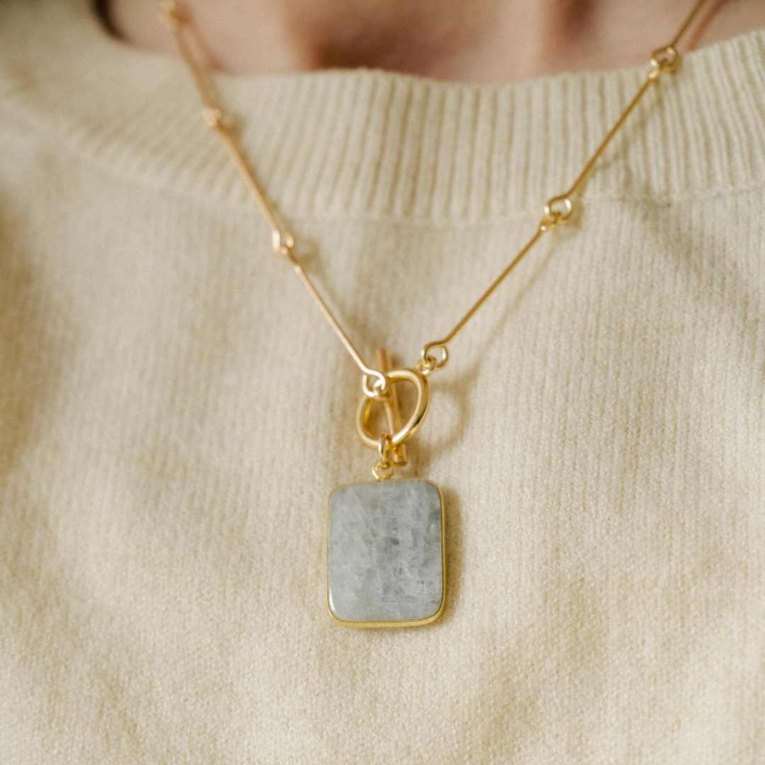 Aquamarine Large Gem Slice Bone Chain Necklace (Gold) - PRE ORDER for end April Delivery