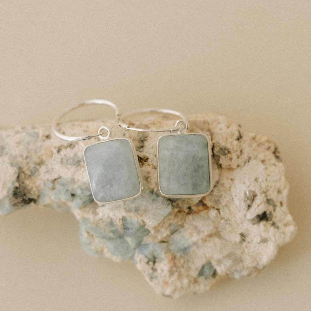 Aquamarine Gem Slice Hoop Earrings | Serenity (Silver)