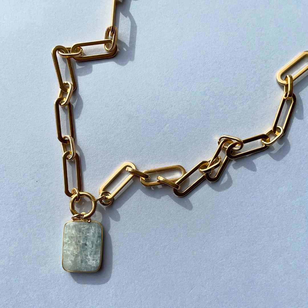 Aquamarine Large Gem Slice Statement Chunky Chain Necklace | Serenity (Gold Plated)