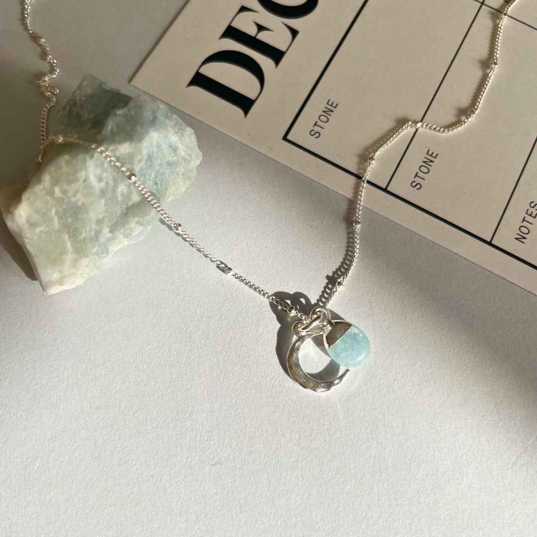 Aquamarine Tumbled & Moon Necklace | Serenity (Silver)