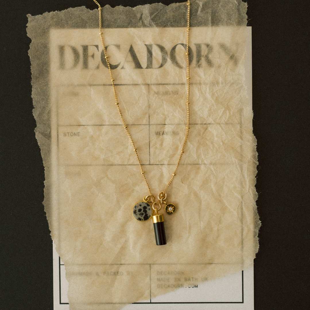 Dalmatian Jasper & Black Onyx Triple Pendant Necklace (Gold)