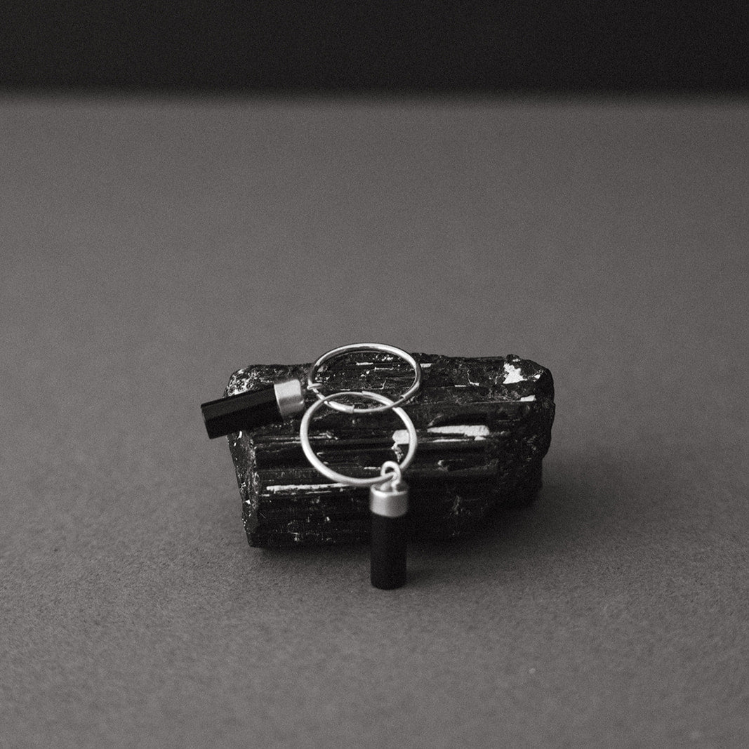Black Onyx Circle or Wand Hoop Earrings | Protection (Silver)