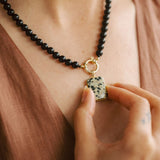 Black Obsidian Strand Necklace with Dalmatian Gem Slice (Gold)