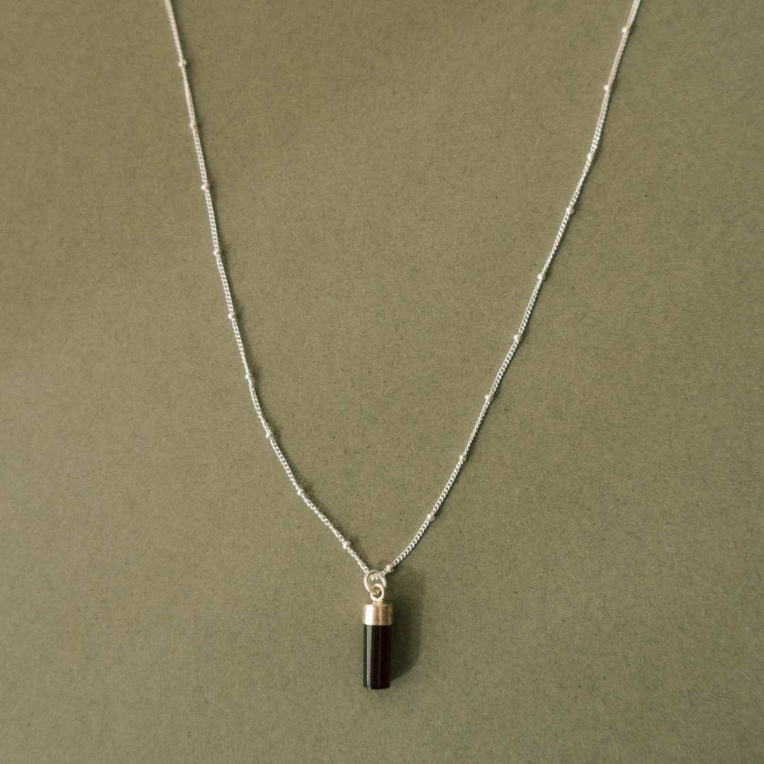 Black Onyx Wand Pendant Necklace | Protection (Silver)