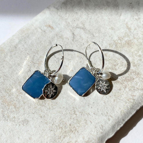 Blue Opal Gem Slice Triple Hoop Earrings | Purity (Sterling Silver)