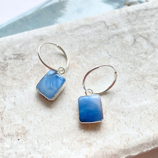 Blue Opal Gem Slice Hoop Earrings | Purity (Silver)