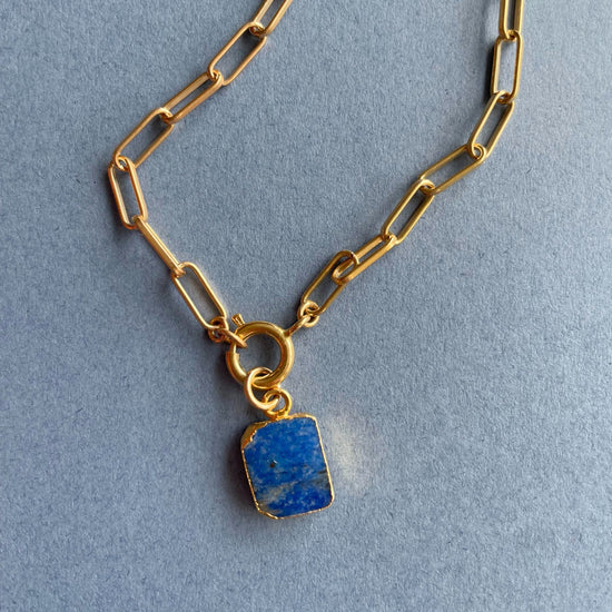 Lapis Lazuli Gem Slice Chunky Chain Necklace | Strength (Gold Plated)