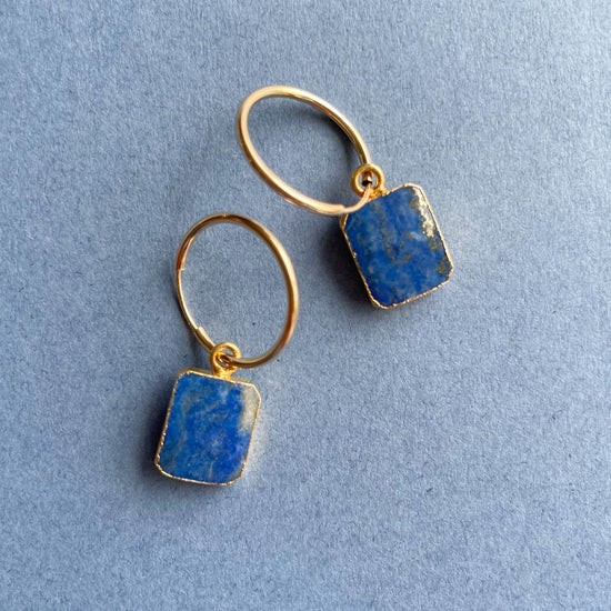 Lapis Lazuli Gem Slice Hoop Earrings | Strength (Gold Fill)