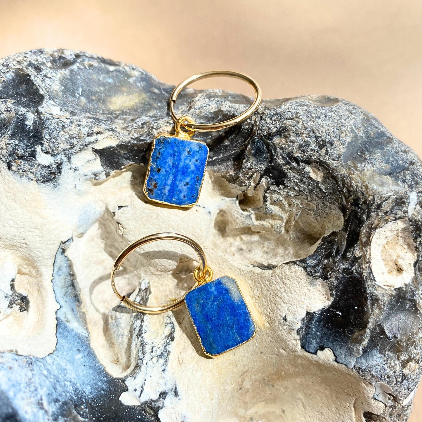 Lapis Lazuli Gem Slice Hoop Earrings | Strength (Gold Fill)