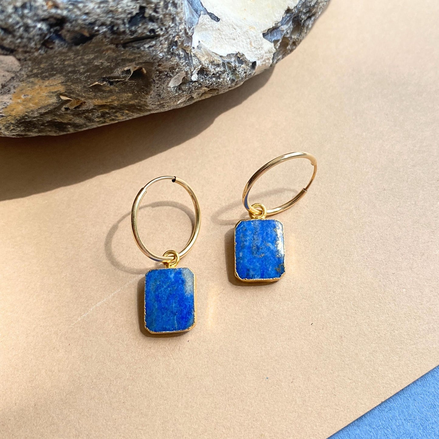 Lapis Lazuli Gem Slice Hoop Earrings | Strength (Gold Fill)