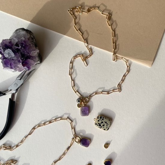 Amethyst & Dalmatian Triple Chunky Chain Necklace | Calming (Gold Plated)