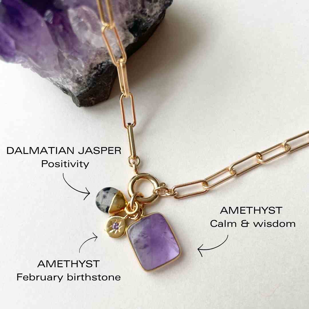 Amethyst & Dalmatian Triple Chunky Chain Necklace | Calming (Gold Plated)