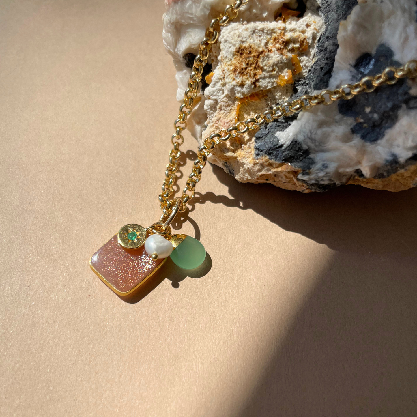 SS25 Limited Edition Belcher Chain Necklace | Sunstone, Green Chalcedony, Emerald & Pearl (Gold Plated)