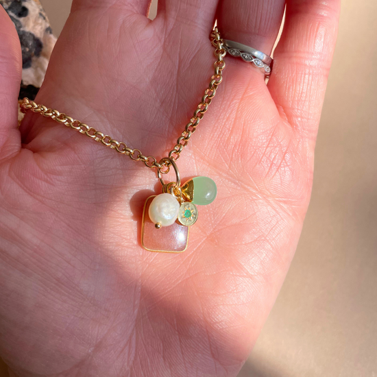 SS25 Limited Edition Belcher Chain Necklace | Sunstone, Green Chalcedony, Emerald & Pearl (Gold Plated)