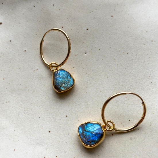 Load image into Gallery viewer, Labradorite Carved Hoop Earrings | Adventure (Gold Fill)
