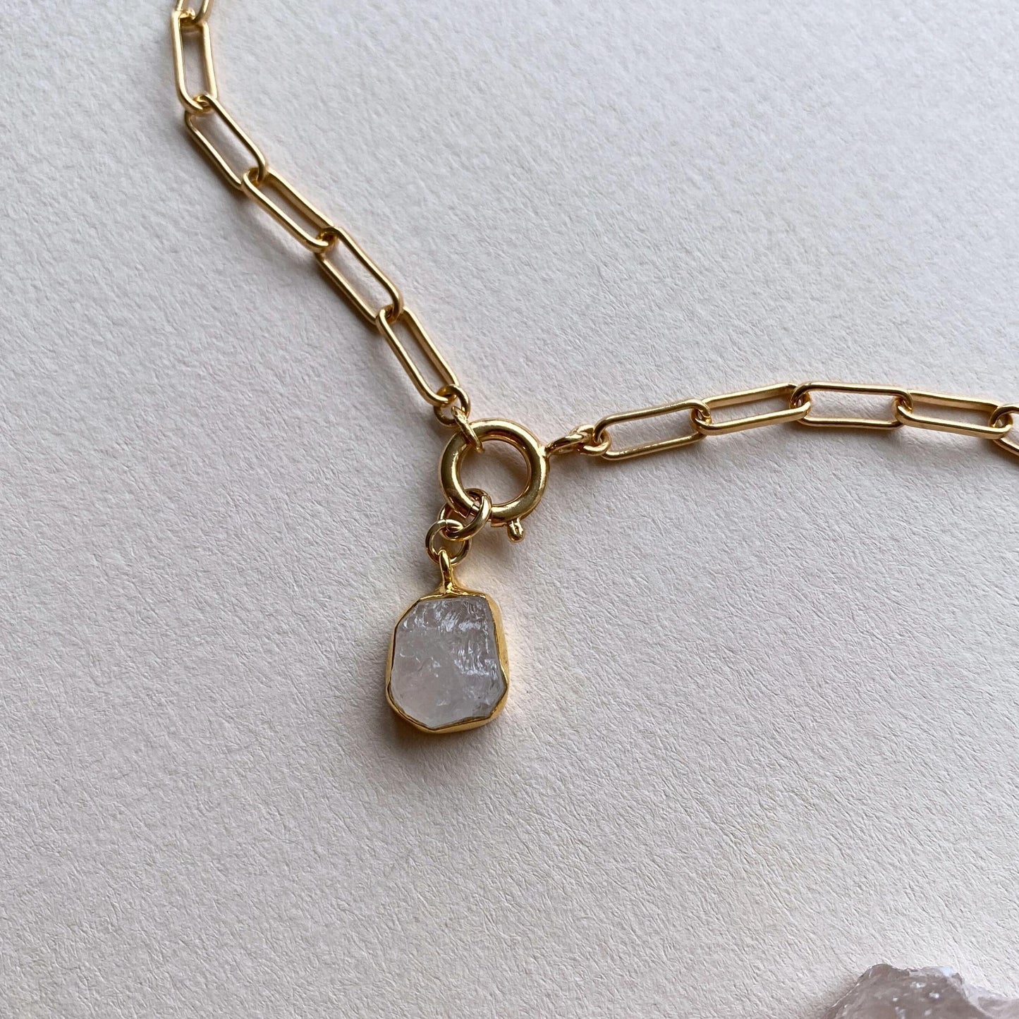 Rose Quartz Carved Chunky Chain Necklace | Love (Gold Plated)