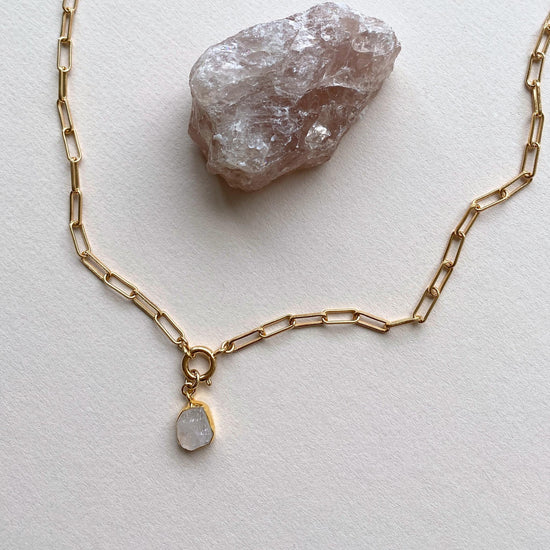 Rose Quartz Carved Chunky Chain Necklace | Love (Gold Plated)