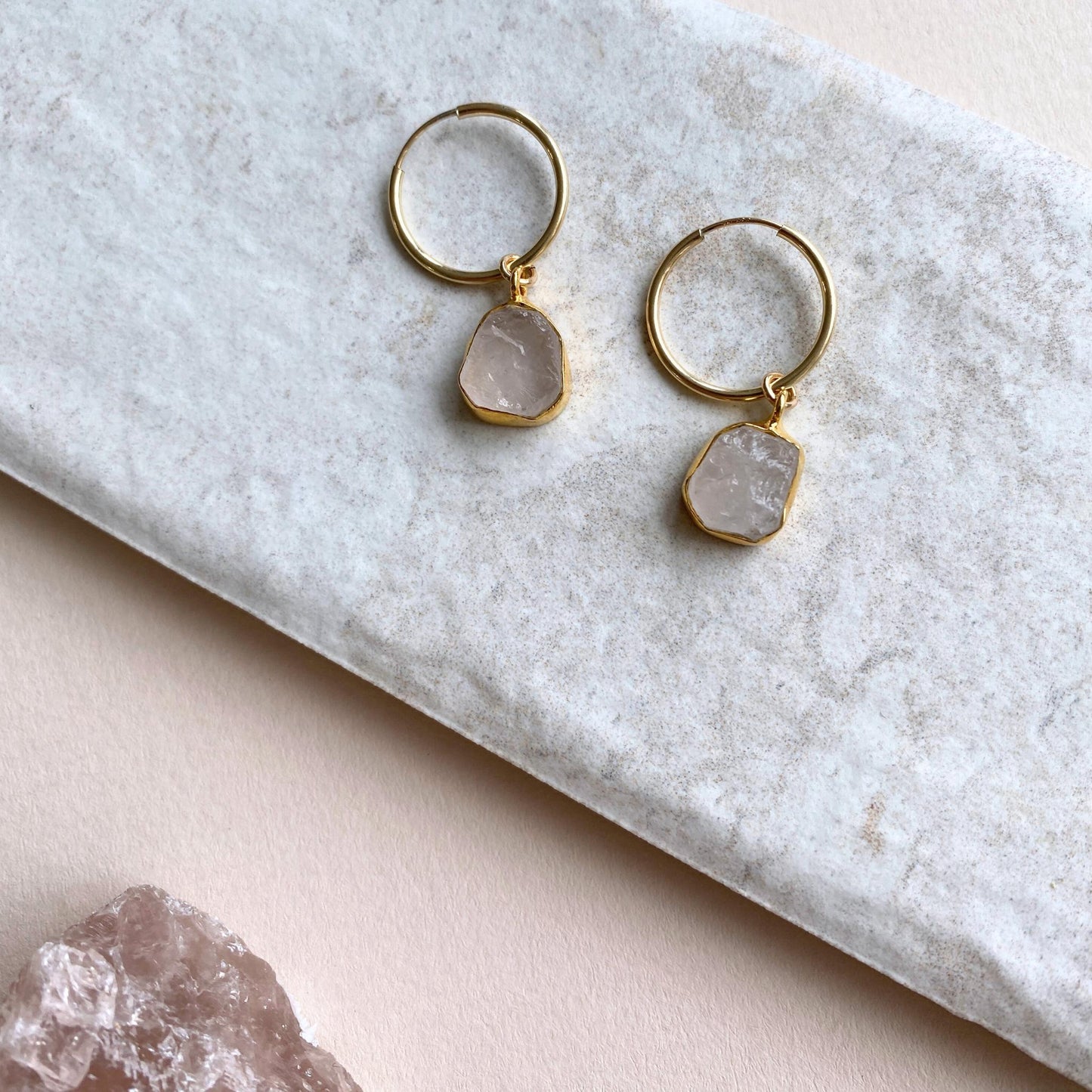 Load image into Gallery viewer, Rose Quartz Carved Hoop Earrings | Love (Gold Fill)
