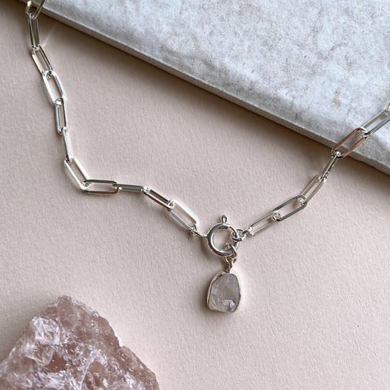 Rose Quartz Carved Chunky Chain Necklace | Love (Sterling Silver)
