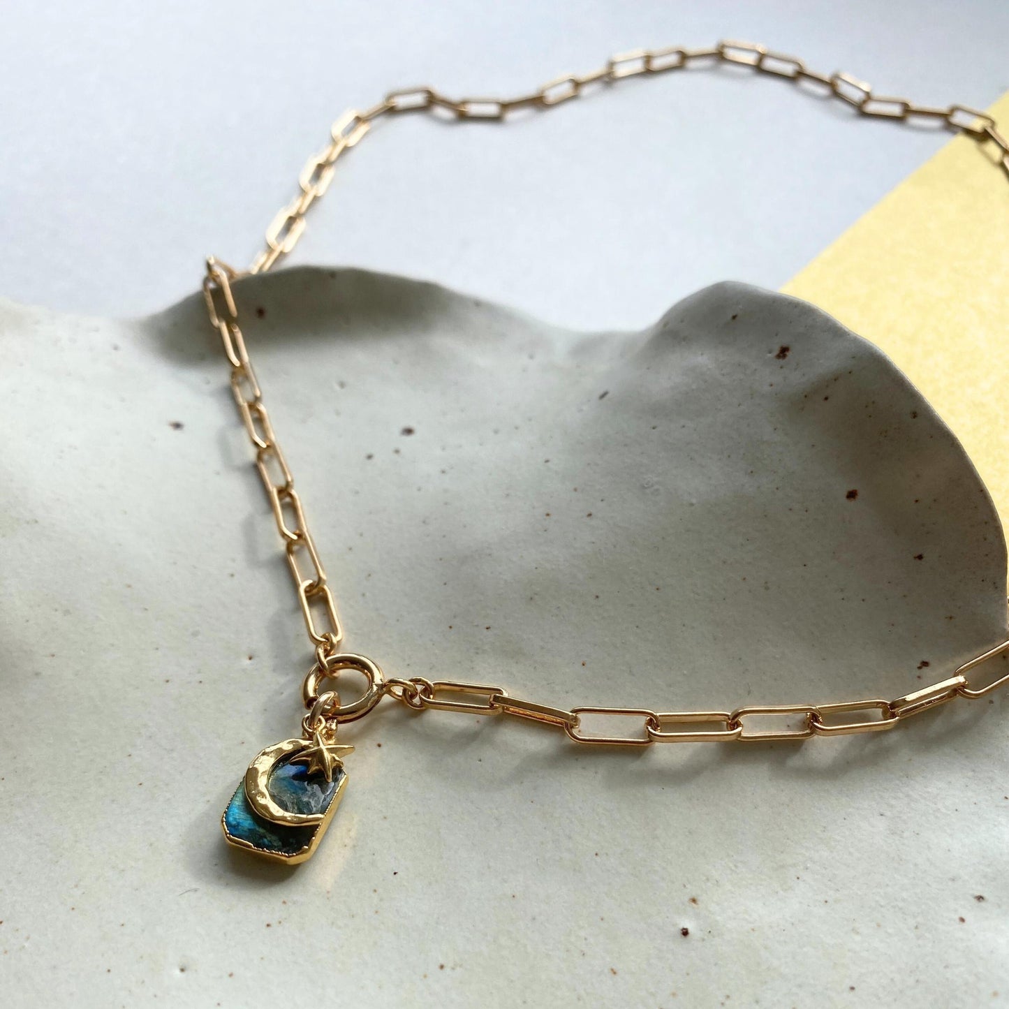Labradorite Moon & Star Gem Slice Triple Chunky Chain Necklace | Adventure (Gold Plated)