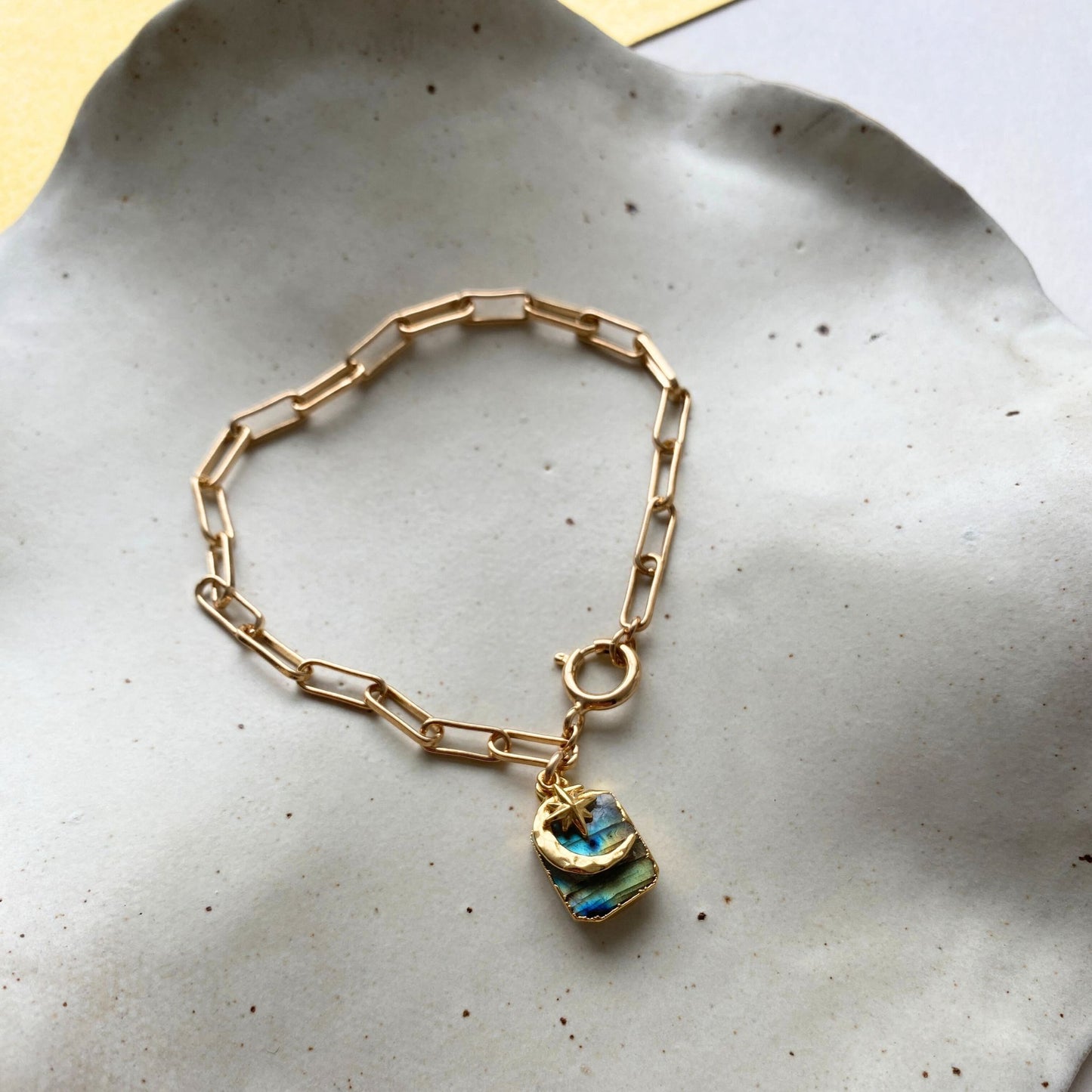 Load image into Gallery viewer, Labradorite Moon &amp;amp; Star Gem Slice Triple Chunky Chain Bracelet | Adventure (Gold Plated)
